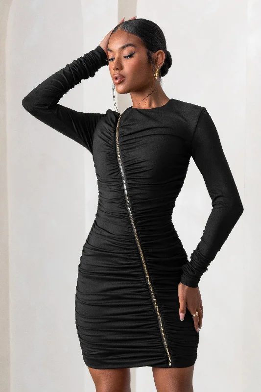 Mini dresses with gathered skirts for a voluminous effect Empowered | Black High Neck Long Sleeves Zip Detail Mini Dress Mini dresses with gathered skirts for a voluminous effect Empowered | Black High Neck Long Sleeves Zip Detail Mini Dress