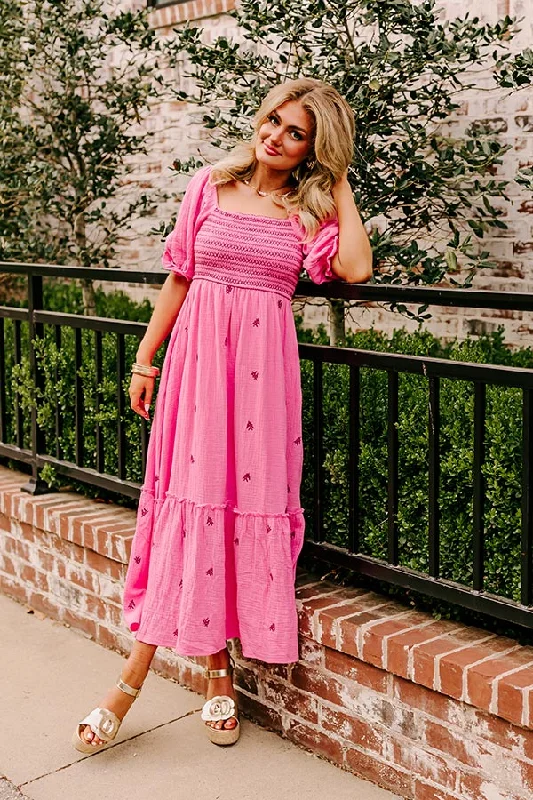 Maternity dress for a baby's first visit to the theater Farmers Market Stroll Smocked Maxi in Pink Maternity dress for a baby's first visit to the theater Farmers Market Stroll Smocked Maxi in Pink