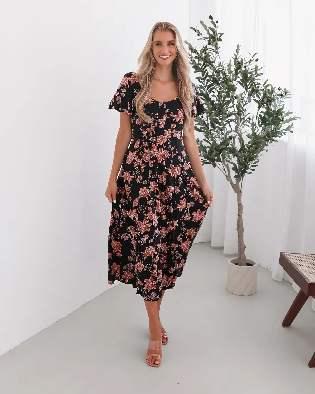 Maternity dress for a baby's first visit to the orchard Sorcha Dress - Black Floral