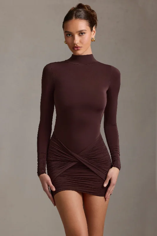 Velvet mini dresses for autumn weddings Ruched Backless Turtleneck Mini Dress in Chocolate Brown Velvet mini dresses for autumn weddings Ruched Backless Turtleneck Mini Dress in Chocolate Brown