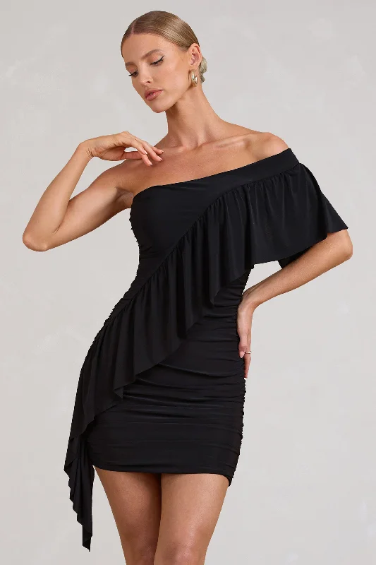 Denim mini dresses with distressed details Parfait | Black Asymmetric Ruched Mini Dress With Statement Ruffles Denim mini dresses with distressed details Parfait | Black Asymmetric Ruched Mini Dress With Statement Ruffles