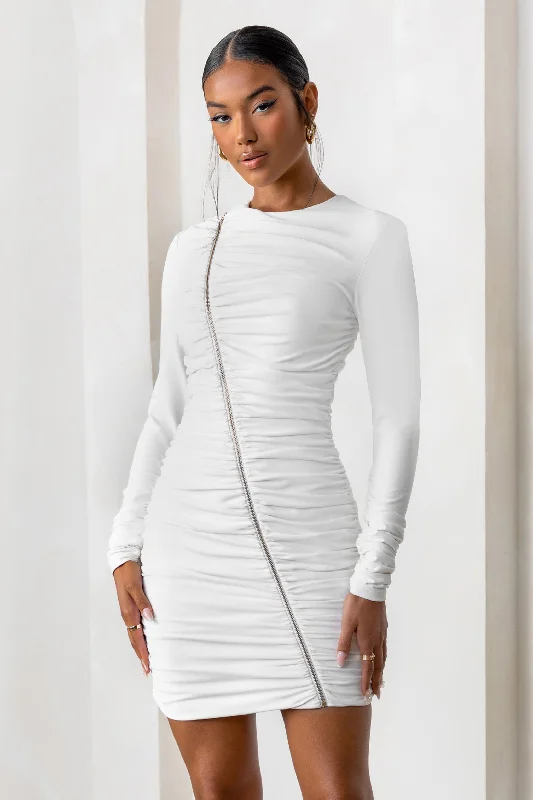 Mini dresses with V - necklines for a flattering shape Empowered | White High Neck Long Sleeves Zip Detail Mini Dress Mini dresses with V - necklines for a flattering shape Empowered | White High Neck Long Sleeves Zip Detail Mini Dress