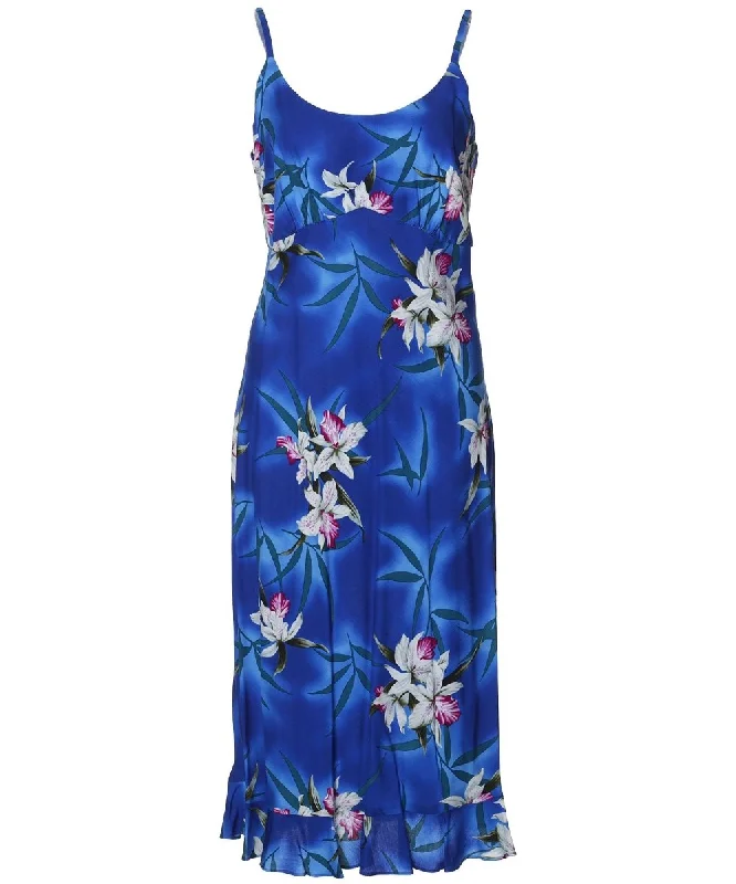 Midi dresses with tassel accents for a bohemian and free - spirited style Midi Hawaiian Slip Dress Midnight Orchid with Spaghetti Straps Midi dresses with tassel accents for a bohemian and free - spirited style Midi Hawaiian Slip Dress Midnight Orchid with Spaghetti Straps