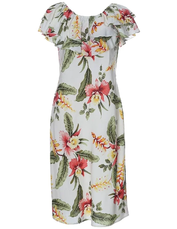 Midi dresses with pleated bodices for a classic and tailored look Off Shoulder Short Hawaiian Dress Orchid Pua Midi dresses with pleated bodices for a classic and tailored look Off Shoulder Short Hawaiian Dress Orchid Pua
