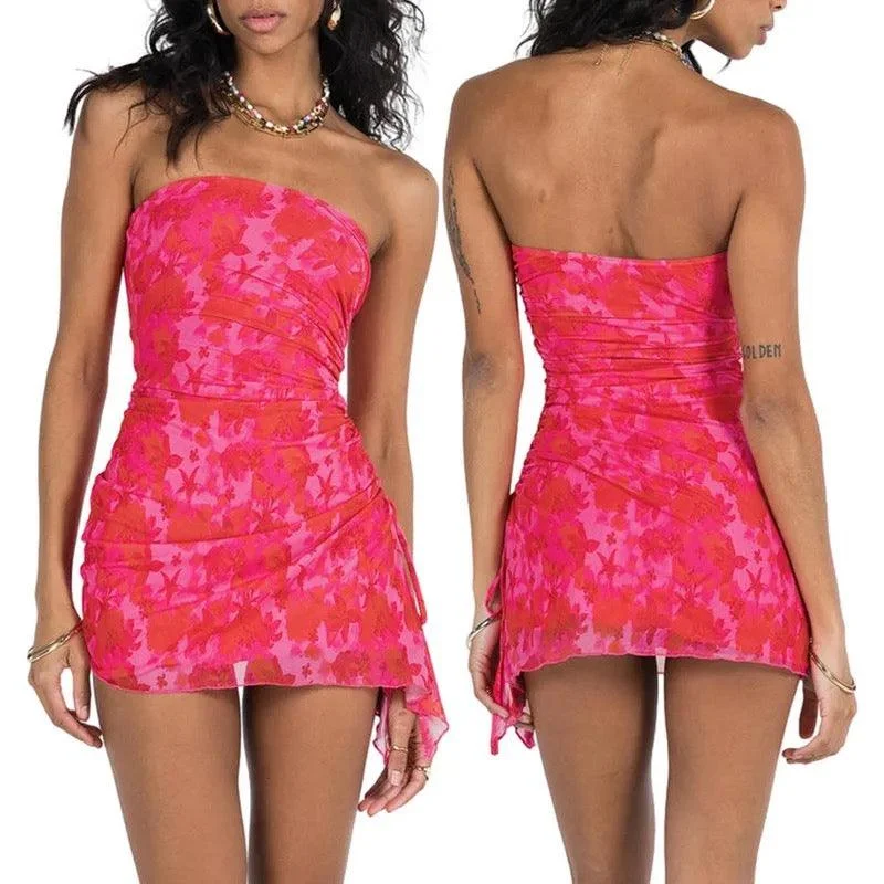 Mini dresses with polka dot patterns Ruby Ruched Tube Dress in Pink