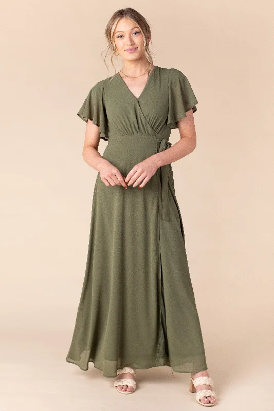 Maternity dress for a christening Naples Flutter Sleeve Wrap Maxi - Moss