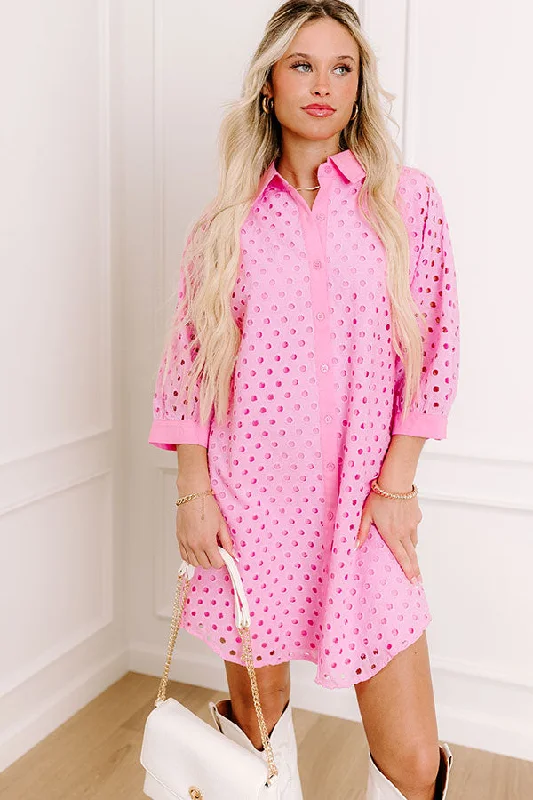 Maternity jersey dress for comfort Feeling Posh Eyelet Mini Dress in Bubblegum Pink