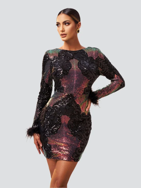 Mini dresses with belted waists for a defined silhouette Feather Sleeve Contrast Black Sequin Mini Dress GM90013 Mini dresses with belted waists for a defined silhouette Feather Sleeve Contrast Black Sequin Mini Dress GM90013