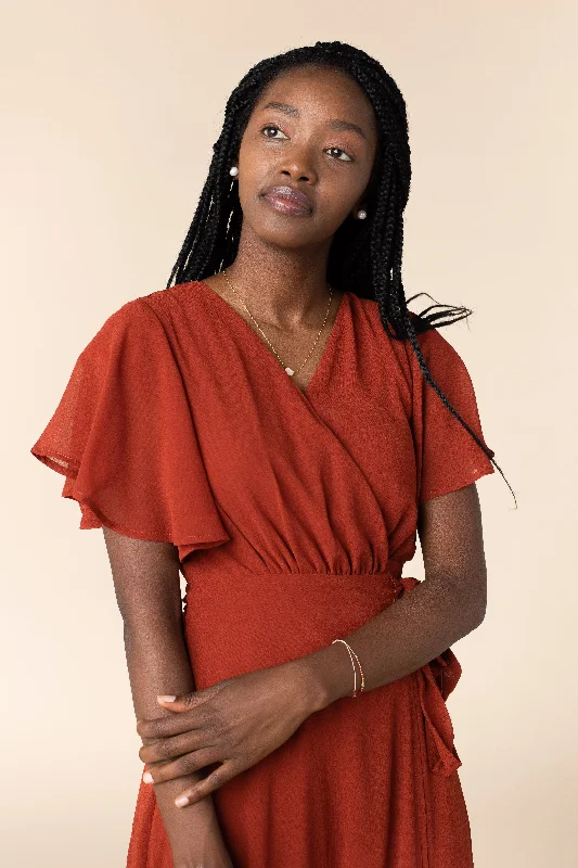 Maternity dress for a baby's first visit to the farm Naples Flutter Sleeve Wrap Maxi - Rust Maternity dress for a baby's first visit to the farm Naples Flutter Sleeve Wrap Maxi - Rust
