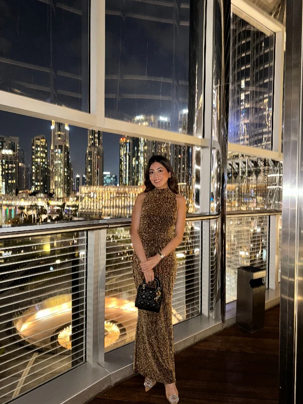 Midi dresses with satin - finish fabrics for a luxurious feel Cerai Halterneck Sequined Party Dress in Gold Midi dresses with satin - finish fabrics for a luxurious feel Cerai Halterneck Sequined Party Dress in Gold