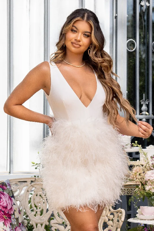 Linen mini dresses for a breathable summer option Flirt | White Plunge Front Mini Dress With Feather Skirt Linen mini dresses for a breathable summer option Flirt | White Plunge Front Mini Dress With Feather Skirt