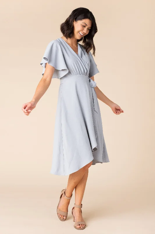 Maternity dress for a baby's first visit to the magic show Daphne Tulip Wrap Dress - Dusty Blue Maternity dress for a baby's first visit to the magic show Daphne Tulip Wrap Dress - Dusty Blue