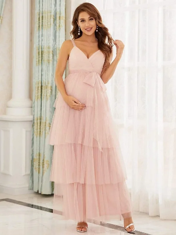 Maternity dress for a baby's naming ceremony Tie Waist V-Neck Tiered Floor-length Maternity Dress Maternity dress for a baby's naming ceremony Tie Waist V-Neck Tiered Floor-length Maternity Dress