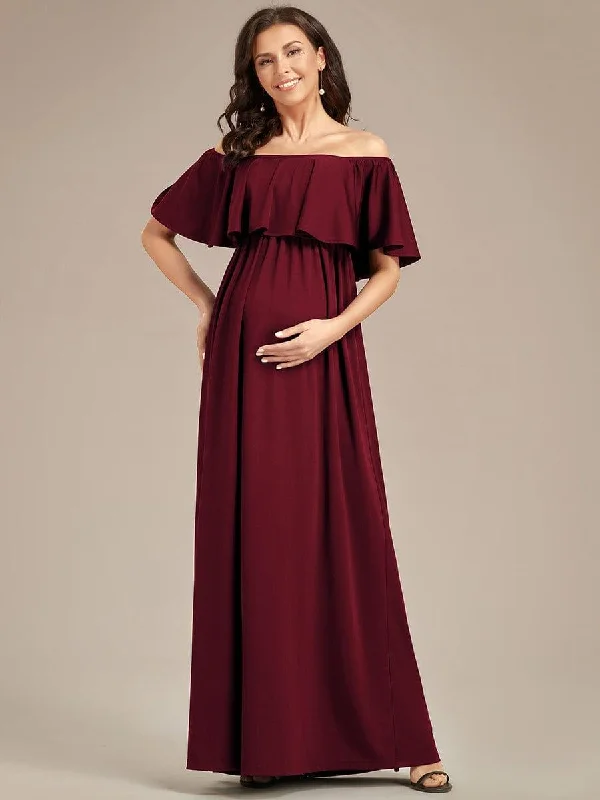 Maternity dress for a baby's first visit to the rose garden Flattering A-Line Maternity Dress with Off-Shoulder Ruffle Maternity dress for a baby's first visit to the rose garden Flattering A-Line Maternity Dress with Off-Shoulder Ruffle