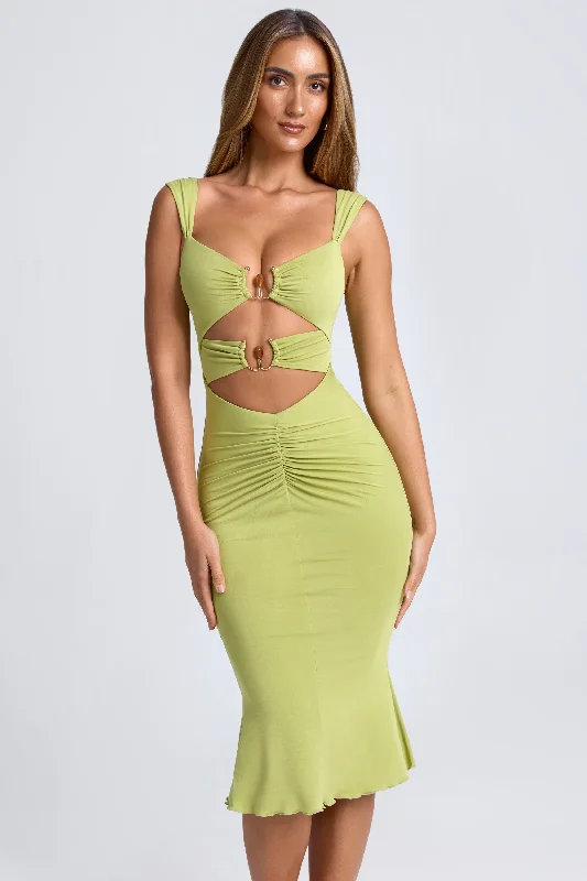 Midi dresses with empire waists for a flattering maternity option Ruched Hardware Detail Cut-Out Midaxi Dress in Olive Green Midi dresses with empire waists for a flattering maternity option Ruched Hardware Detail Cut-Out Midaxi Dress in Olive Green