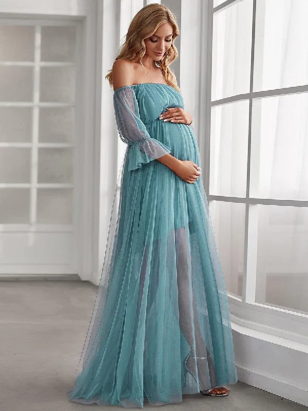 Maternity denim dress for a casual vibe ever CELIA|Sheer Off-Shoulder Double Skirt Maxi Maternity Dress Maternity denim dress for a casual vibe ever CELIA|Sheer Off-Shoulder Double Skirt Maxi Maternity Dress