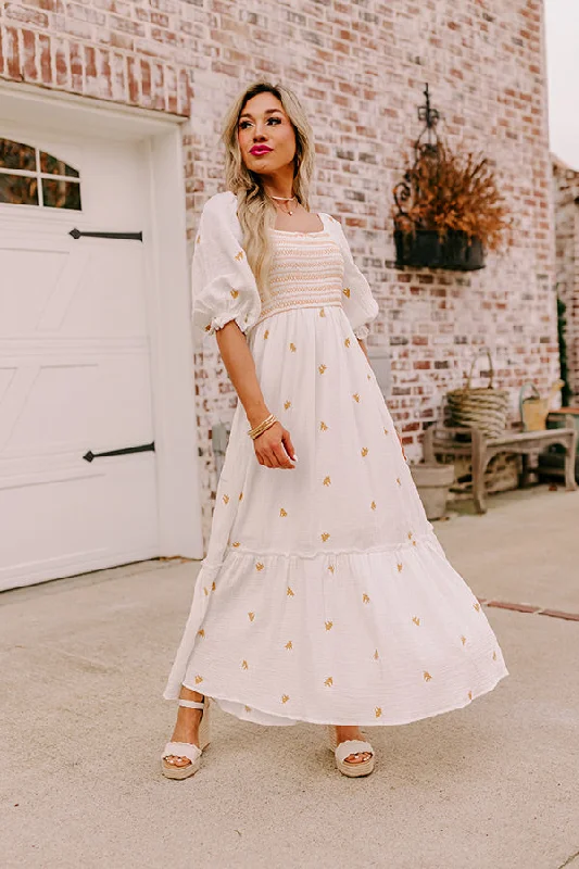 Maternity dress for a baby's first visit to the pool Farmers Market Stroll Smocked Maxi in White Maternity dress for a baby's first visit to the pool Farmers Market Stroll Smocked Maxi in White