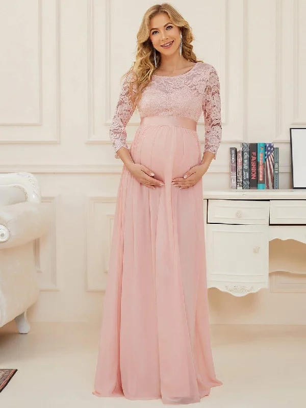 Maternity dress for work in a professional style ever KALANI|Sweetheart 3/4 Sleeve Floor-Length Lace Maternity Dress