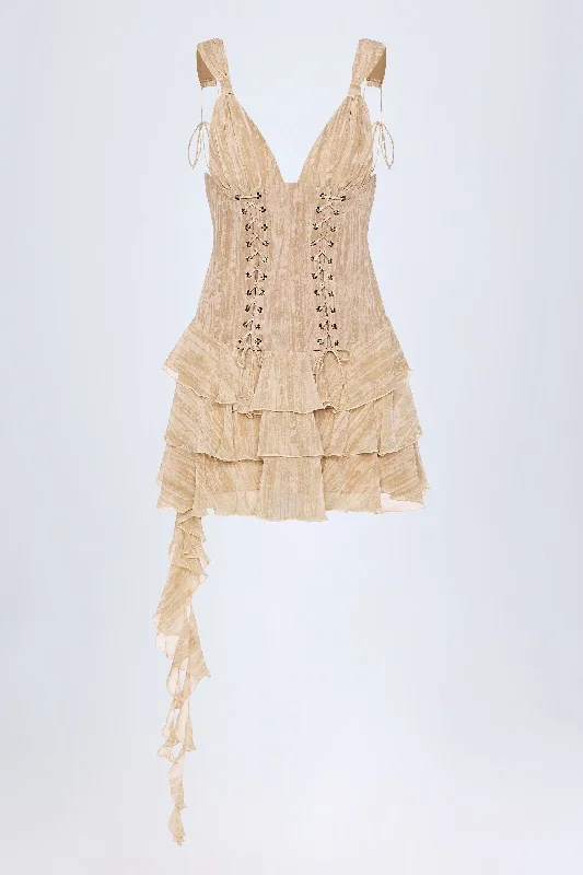 Mini dresses with pom - pom trims for a playful feel Lace-Up Ruffled Tiered Mini Dress in Tan Print Mini dresses with pom - pom trims for a playful feel Lace-Up Ruffled Tiered Mini Dress in Tan Print