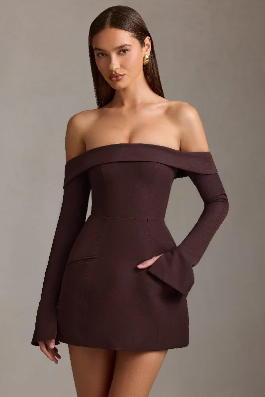 Satin mini dresses for a luxurious feel Off-Shoulder Structured A-Line Mini Dress in Chocolate Brown Satin mini dresses for a luxurious feel Off-Shoulder Structured A-Line Mini Dress in Chocolate Brown