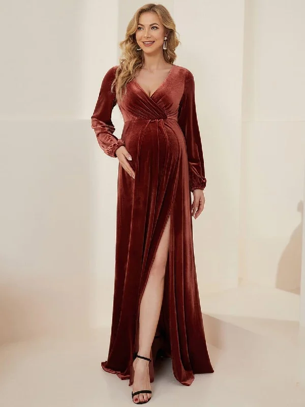 Maternity dress for a baby's first swim Long Sleeve Velvet V-Neck Front Slit Floor-Length Bump Friendly Dress Maternity dress for a baby's first swim Long Sleeve Velvet V-Neck Front Slit Floor-Length Bump Friendly Dress
