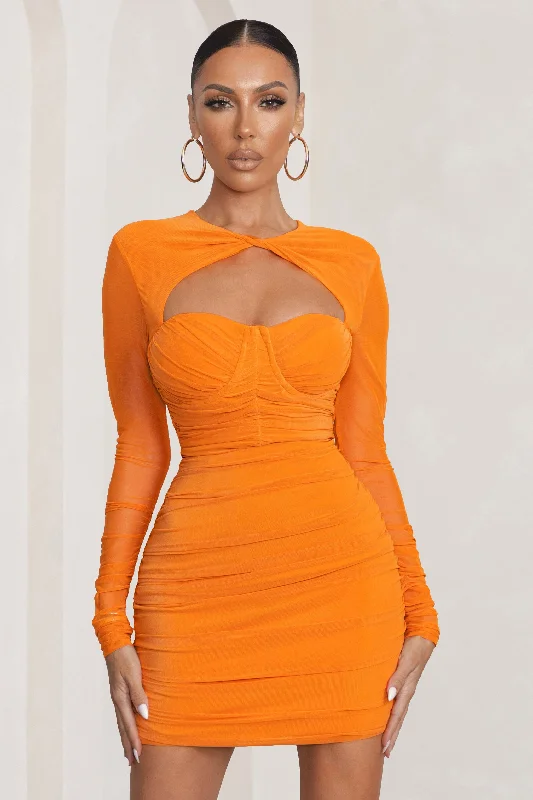 Mini dresses with off - the - shoulder styles Daiquiri | Orange Cut Out Ruched Mesh Mini Dress With Long Sleeves Mini dresses with off - the - shoulder styles Daiquiri | Orange Cut Out Ruched Mesh Mini Dress With Long Sleeves