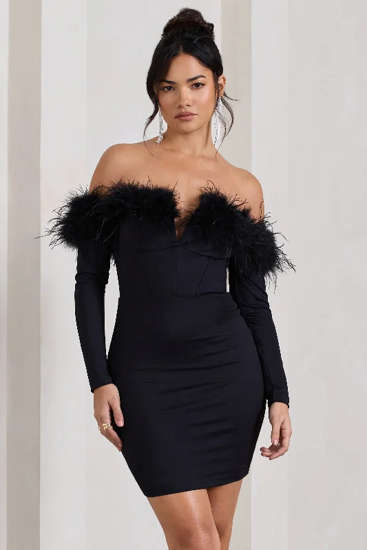 Mini dresses with one - shoulder designs Celia | Black Plunge Neck Bardot Mini Dress With Feather Trim Detail Mini dresses with one - shoulder designs Celia | Black Plunge Neck Bardot Mini Dress With Feather Trim Detail