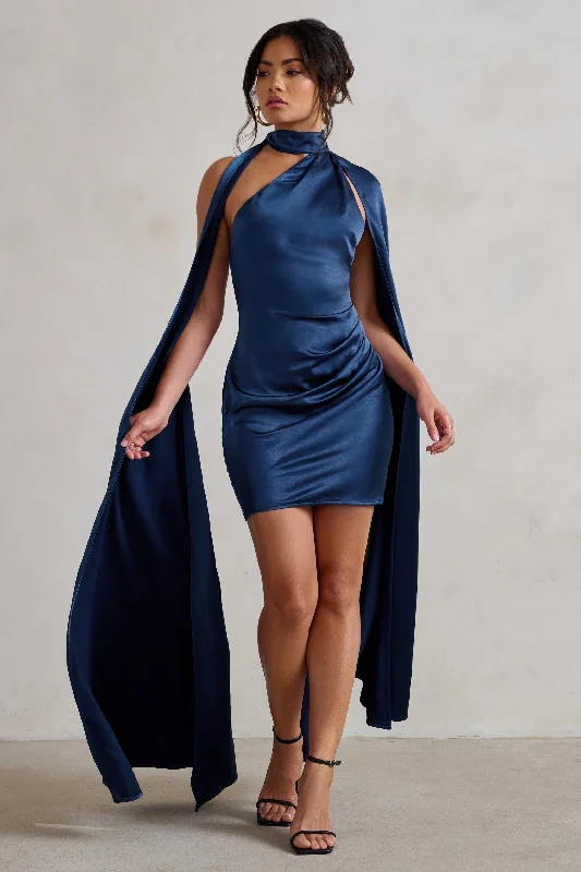 Plaid mini dresses for fall fashion Laurelie | Navy Satin Statement Cape Design Mini Dress Plaid mini dresses for fall fashion Laurelie | Navy Satin Statement Cape Design Mini Dress