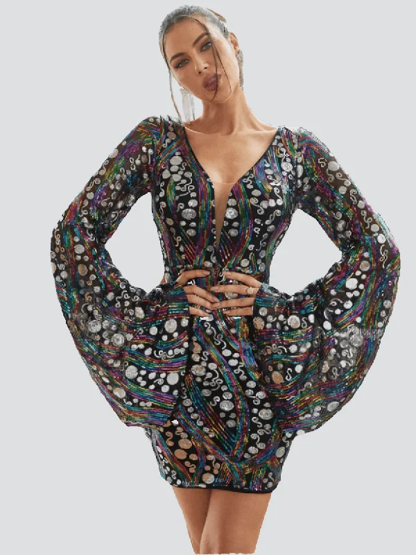 Sheer mini dresses with lace inserts V-Neck Flared Sleeve Multicolor Sequin Mini Dress XJ1936 Sheer mini dresses with lace inserts V-Neck Flared Sleeve Multicolor Sequin Mini Dress XJ1936