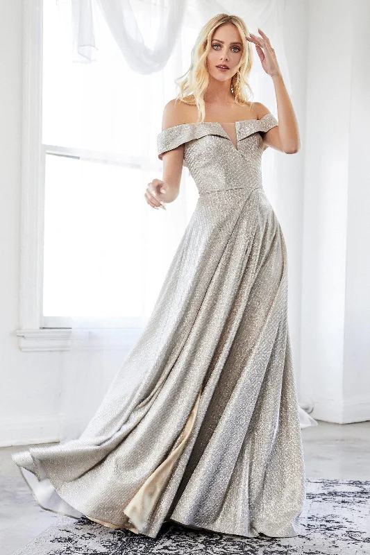 Off shoulder maternity evening dress for parties Cinderella Divine CD162 Long Formal Off Shoulder Metallic Prom Dress