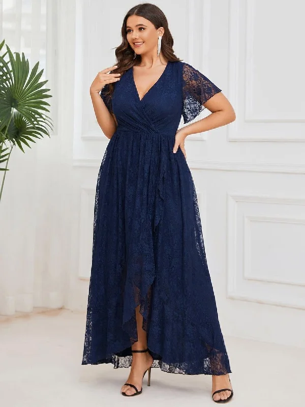 Midi dresses with printed lining for a hidden and stylish detail pretty ELISE|Plus Size Short Sleeve Ruffled V-Neck A-Line Lace Formal Evening Dress Midi dresses with printed lining for a hidden and stylish detail pretty ELISE|Plus Size Short Sleeve Ruffled V-Neck A-Line Lace Formal Evening Dress