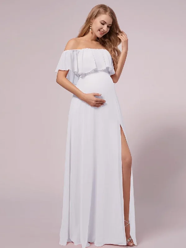 Maternity dress for a baby's first visit to the magic show ever ÉMILE|Maxi Chiffon Off the Shoulder Ruffled Maternity Evening Dress Maternity dress for a baby's first visit to the magic show ever ÉMILE|Maxi Chiffon Off the Shoulder Ruffled Maternity Evening Dress