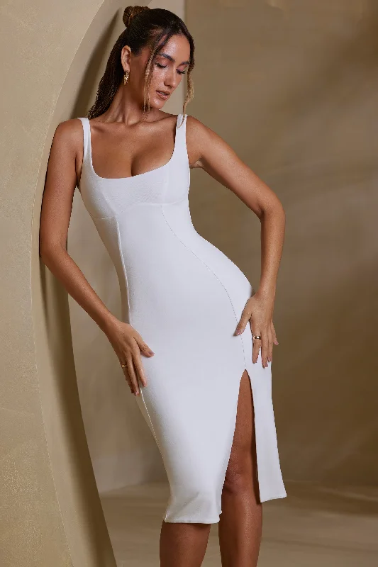 Midi dresses with polka dot prints for a playful summer outfit Square Neck Bodycon Midi Dress in White Midi dresses with polka dot prints for a playful summer outfit Square Neck Bodycon Midi Dress in White