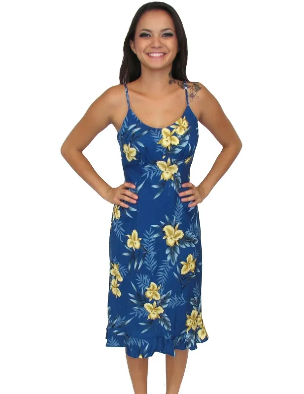 Midi dresses with bow accents for a sweet and charming look Midi Slip Spaghetti Straps Hawaiian Dress Blue Okalani