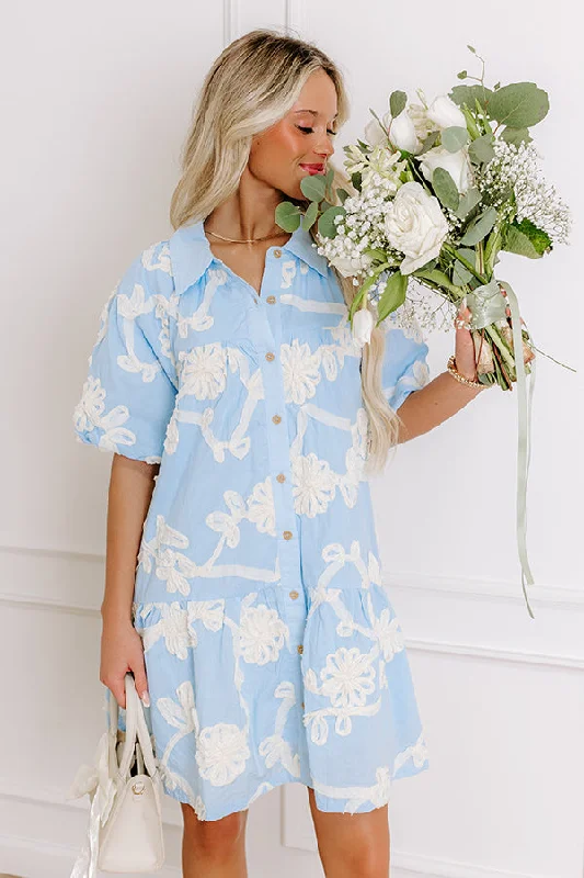 Maternity dress for a baby's first visit to the opera Floral Statement Embroidered Mini Dress in Sky Blue Maternity dress for a baby's first visit to the opera Floral Statement Embroidered Mini Dress in Sky Blue