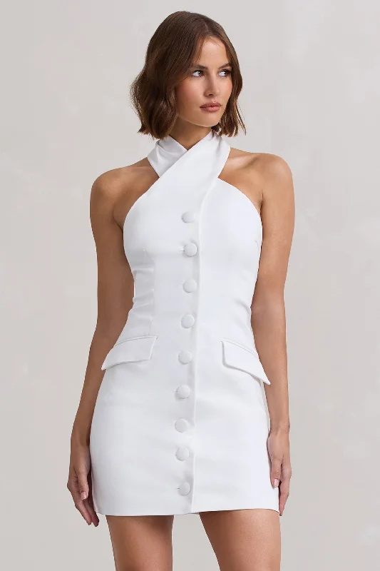 Mini dresses with tiered skirts for added volume Dani | White Halter Neck Tailored Buttoned Bodycon Mini Dress Mini dresses with tiered skirts for added volume Dani | White Halter Neck Tailored Buttoned Bodycon Mini Dress