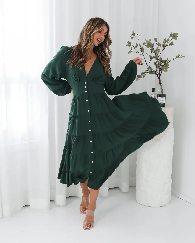 Maternity dress with side ruching to accommodate bump Sharina Dress - Emerald