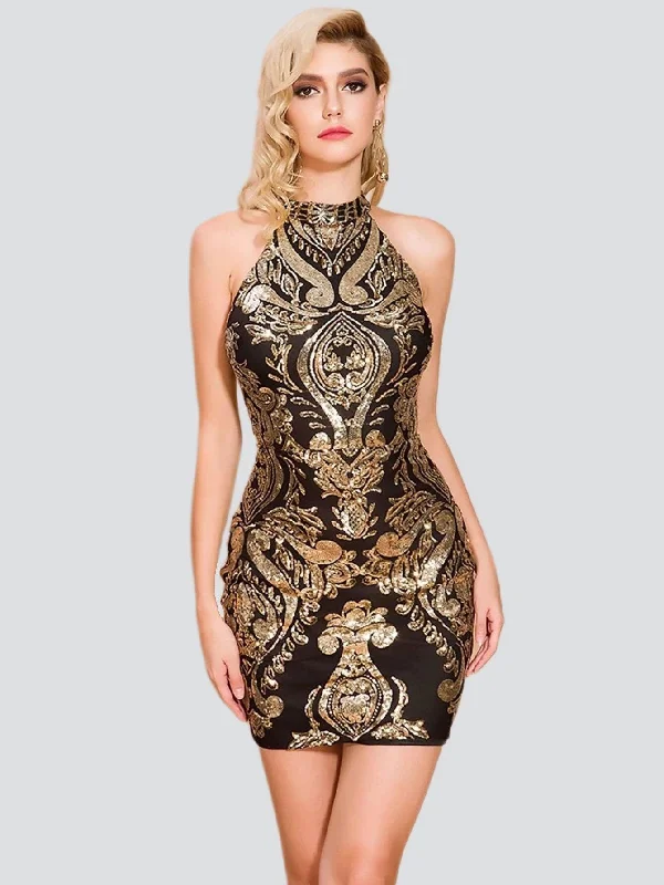 Mini dresses with button - down fronts Halterneck Damask Sequin Bodycon Mini Dress FT19757 Mini dresses with button - down fronts Halterneck Damask Sequin Bodycon Mini Dress FT19757