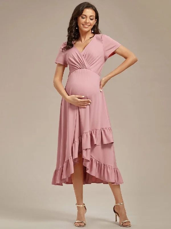 Maternity dress for a baby's first visit to the brewery Ruffles High Low Hemline V-Neck High Stretch Maternity Dress Maternity dress for a baby's first visit to the brewery Ruffles High Low Hemline V-Neck High Stretch Maternity Dress