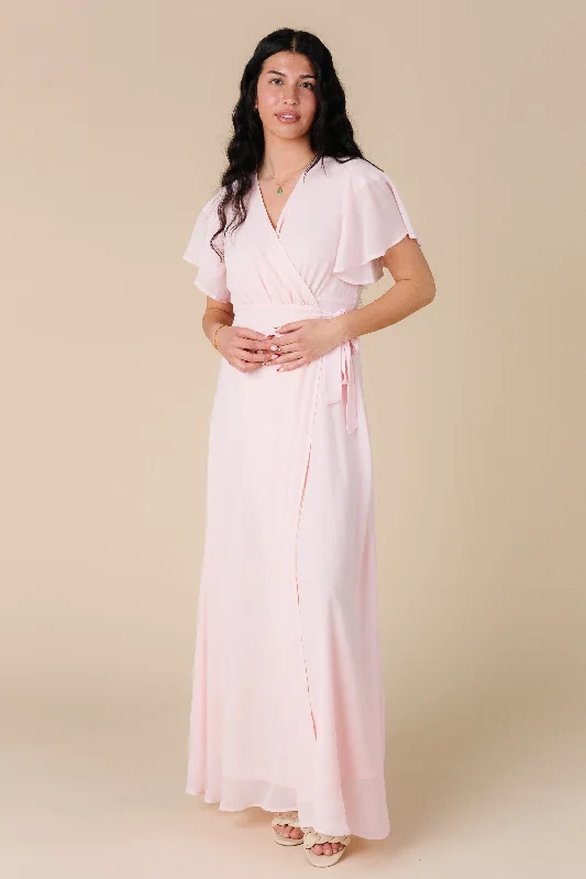 Maternity dress for a baby's first visit to the aquarium Naples Flutter Sleeve Wrap Dress - Pink Maternity dress for a baby's first visit to the aquarium Naples Flutter Sleeve Wrap Dress - Pink