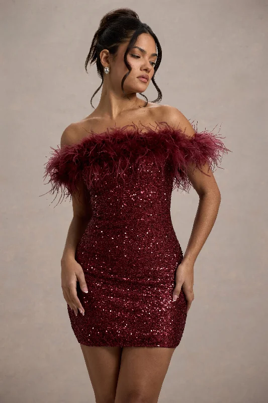 Mini dresses with wrap - around styles New Money | Burgundy Bodycon Sequin Mini Dress With Feather Trim Mini dresses with wrap - around styles New Money | Burgundy Bodycon Sequin Mini Dress With Feather Trim