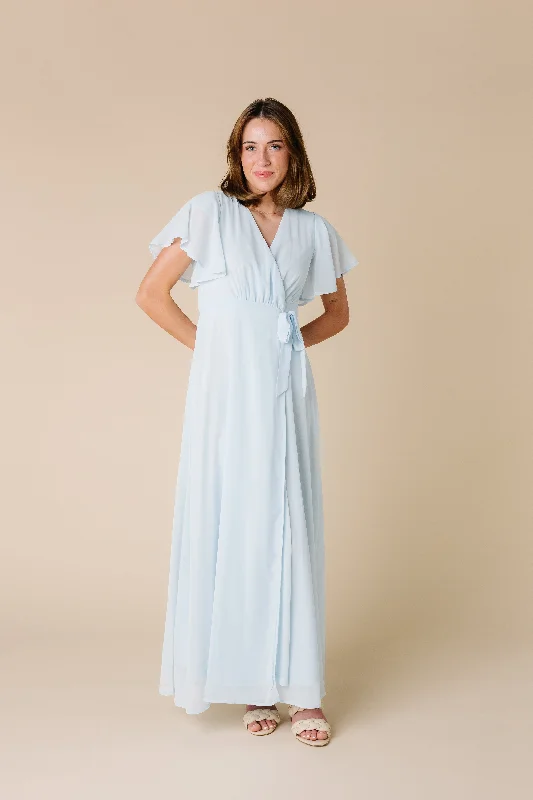 A - line maternity dress for a flattering fit Naples Flutter Sleeve Wrap Maxi - Lt Blue A - line maternity dress for a flattering fit Naples Flutter Sleeve Wrap Maxi - Lt Blue