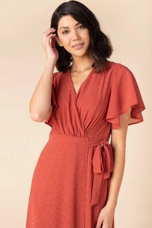 Plus size maternity dress for curvy moms - to - be Naples Flutter Sleeve Wrap Maxi - Clay Red Plus size maternity dress for curvy moms - to - be Naples Flutter Sleeve Wrap Maxi - Clay Red