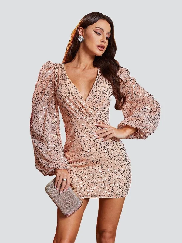 Mini dresses with button - down fronts Lantern Sleeve V-neck Sequin Cocktail Dress RJ10566 Mini dresses with button - down fronts Lantern Sleeve V-neck Sequin Cocktail Dress RJ10566