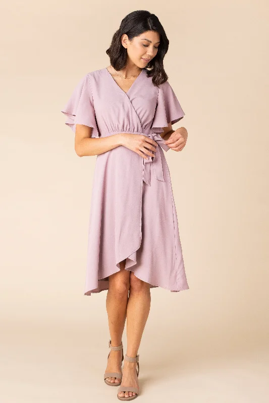 Maternity dress with side ruching to accommodate bump Daphne Tulip Wrap Dress - Mauve Maternity dress with side ruching to accommodate bump Daphne Tulip Wrap Dress - Mauve