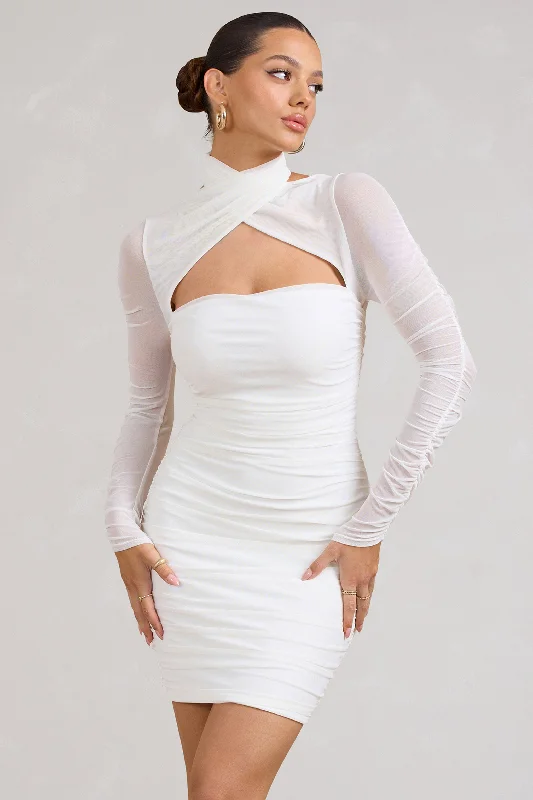 Animal print mini dresses for a bold statement Bouquet Toss | White Ruched Mesh Long-Sleeved Mini Dress Animal print mini dresses for a bold statement Bouquet Toss | White Ruched Mesh Long-Sleeved Mini Dress