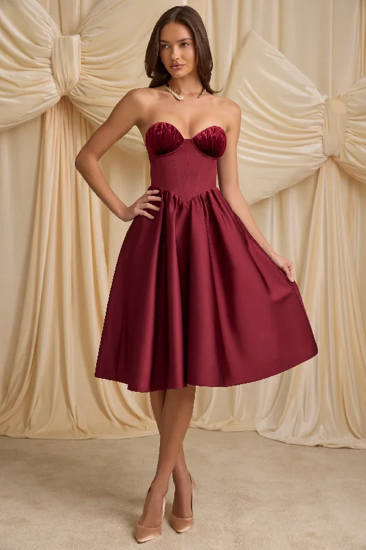 Midi dresses with empire waists for a flattering maternity option Strapless Corset Midi Dress in Wine Red Midi dresses with empire waists for a flattering maternity option Strapless Corset Midi Dress in Wine Red