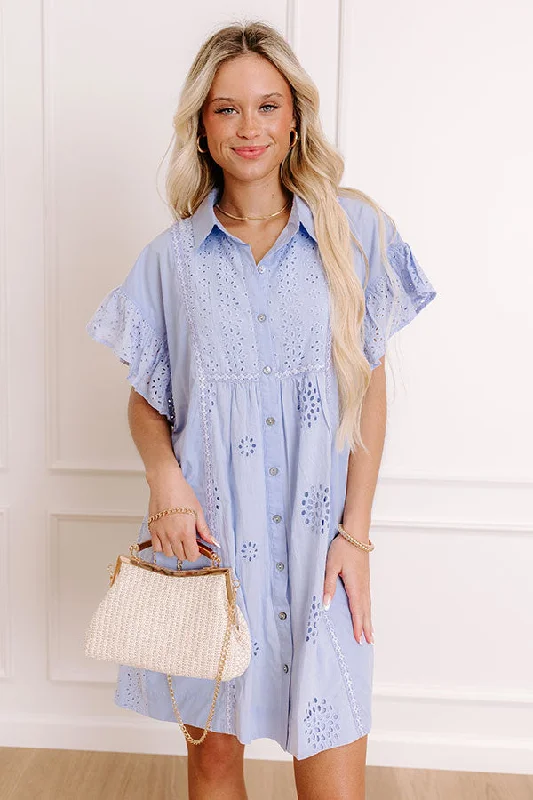 Maternity dress for a baby's first visit to the vegetable garden Brunch Ready Eyelet Mini Dress in in Light Periwinkle Maternity dress for a baby's first visit to the vegetable garden Brunch Ready Eyelet Mini Dress in in Light Periwinkle
