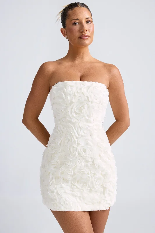 Mini dresses with one - shoulder designs Floral-Appliqué Bandeau A-Line Mini Dress in White Mini dresses with one - shoulder designs Floral-Appliqué Bandeau A-Line Mini Dress in White