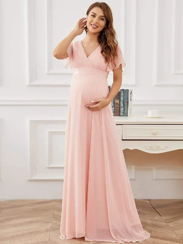 Maternity denim dress for a casual vibe Ruched Bodice Flowy Chiffon Floor-Length Maternity Dress with Sleeves Maternity denim dress for a casual vibe Ruched Bodice Flowy Chiffon Floor-Length Maternity Dress with Sleeves